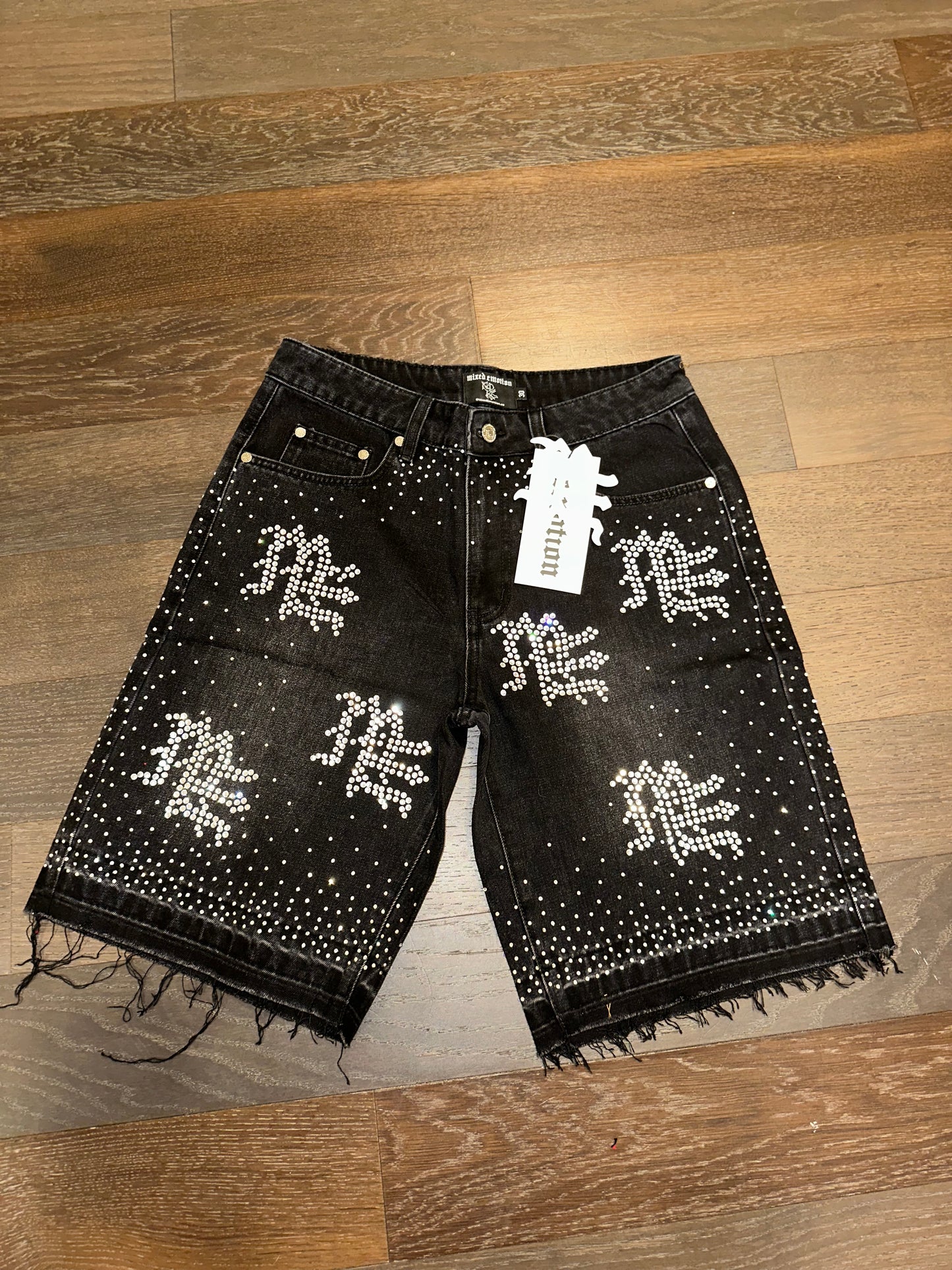 Mixed emotions Black “ME” Rhinestone Denim Shorts